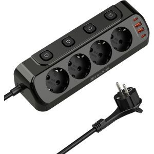 Prise Angle avec USB, Multiprise 4 Plis avec Interrupteur, Multiprise avec 2 USB et 2 Type-C, 8 en 1 R&eacute;partiteur de Prise, Prise Plate avec C&acirc;ble de 2m pour Smartphones, Maison, Noir - Neuf