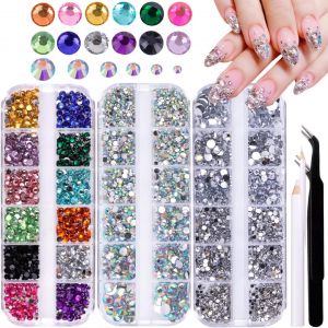 Kal-Boîtes Strass Ongle Nail Art, Multicolores Strass Pour Ongles, Strass Argentés + Ab Rhinestone Pour Nail Art Avec Pince À Epiler Et Stylo À Strass - Neuf
