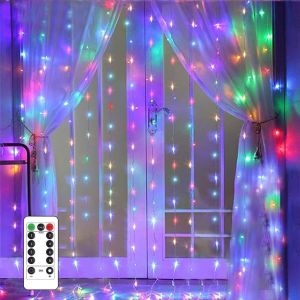 KAL-Rideau Lumineux,3M*3M Guirlande Lumineuse Rideau Usb 300 Leds 8 Modes D'Eclairage Télécommande Minuterie Luminosité Réglable,Decoration De Fenêtre,Noël, Mariage,Patio,Etanche Ip44 7 Colors - Neuf