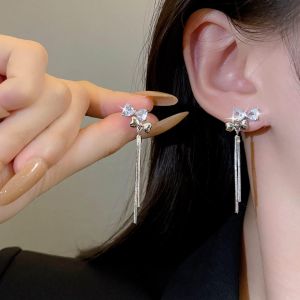 Kal-Boucles D'oreilles Avec Noeud En Cristal Boucles D'oreilles &Agrave; Pompon &Agrave; Longue Cha&icirc;ne Boucles D'oreilles En Argent Avec Noeud En Forme De Coeur Boucles D'oreilles Pendantes &Agrave; Longue Cha&icirc;ne Bijoux - Neuf