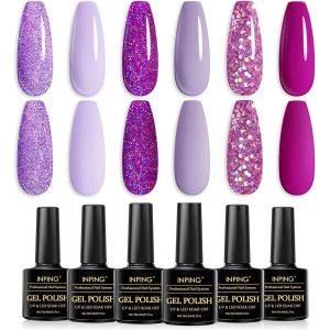 Sjzg-Vernis Semi Permanent Violet,6 Couleurs Lila Fuchsia Violet Lavande Paillet&eacute; Vernis Gel Uv Semi Permanent,Soak Off Uv/Led Vernis &Agrave; Ongles Pour D&eacute;butant Nail Art Diy,8ml - Neuf