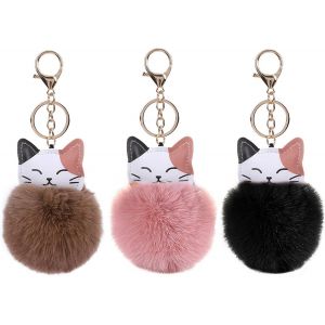 Kal-Porte-Cl&eacute;s Chat De Dessin Anim&eacute; 3 Pi&egrave;ces, Porte-Cl&eacute;s Boule De Fourrure Cr&eacute;ative, Porte-Cl&eacute;s Mignons, Porte-Cl&eacute;s Pour Filles, Porte-Cl&eacute;s D&eacute;coratifs - Neuf