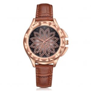 Fleur Motif D&eacute;coration Dame Montre Femmes Dames &Agrave; La Mode Quartz Mouvement Montre (Marron + Or) - Neuf