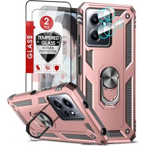 Kal-Coque Pour Xiaomi Redmi Note 12 4g(Pas 5g)Avec 2 Verre Trempé Et 2 Protection Camera, Anneau Support Militaire Anti-Chute Bumper Rigide Armure Housse Etui Noir Pour Redmi Note 12 Antichoc Or Rose - Neuf