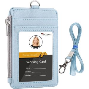 Porte Badge tour de Cou, Portefeuilles de Carte de Cr&eacute;dit Minces, Porte Carte avec Poche &agrave; Glissi&egrave;re, 1 Fen&ecirc;tre d'Identification, peut Contenir Jusqu&iquest;&agrave; 4 Cartes, Cuir PU, Bleu Glacier - Neuf