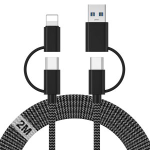 KALANKA-2M Cable Multi 4 en 1, Cable Multi Embout Tress&eacute; 60W Cable USBC Charge Rapide Cordon USB C/USBA vers Lightning C&acirc;ble Type C/USBA vers USB C pour iPhone 17/16/15, iPad, Samsung Galaxy, Huawei, - Neuf