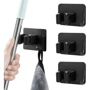 Porte-balais mural, 4 pièces en acier inoxydable, sans perçage, pour salle de bain, cuisine, jardin, garage, placard (noir) - Neuf