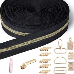 Fermeture Eclair au Metre,9 m Fermeture Éclair au Mètre,25 Curseurs,30 Accessoires Métalliques pour La Couture de Sacs à Main,Adaptés à La Couture et à I'artisanat (Or) - Neuf