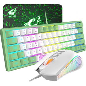 K61 RGB Gaming Keyboard Mouse Set, Clavier de Jeu à Membrane mécanique, jusqu'à 3600 dpi, Souris de Jeu Optique à 7 Boutons, pour PC, Ordinateur Portable, Mac, Bureau et Jeux - Blanc - Neuf