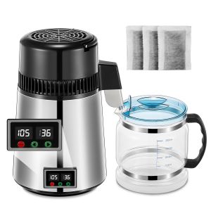 NouvelHorizonstore-Distillateur d'eau, 750 W Machine &agrave; eau distill&eacute;e avec r&eacute;glage de la temp&eacute;rature, distillateurs 4 L pour la maison, purificateur d'eau avec int&eacute;rieur en acier inoxydable et r&eacute;cipie - Neuf