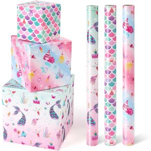 Papier Cadeau Sirène - 3 Rouleaux De Papier Cadeau Rose Pour Anniversaire De Fille Papier Cadeau Sirène Océan Pour Enfants Avec Lignes De Découpe 43cm X 3m - Neuf