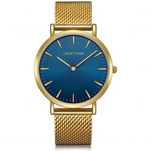 Montre A Quartz Geethink Pour Homme, Bracelet En Maille D'acier, Etanche Jusqu'a 3 Atm, De Luxe, Pour Le Travail (Dore Et Bleu) - Neuf