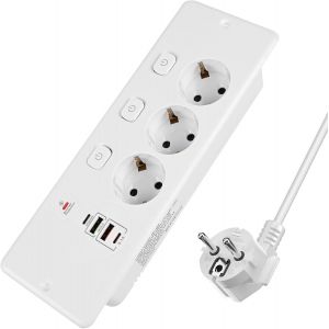 Prise Encastrable de Table avec 2 USB-A et 2 Type-C,Multiprise Intégrée 3 Prises avec Câble 1.8m et Interrupteur Séparé,Prise de Table,Multiprise pour Meuble ou Plan de Travail,Blanc - Neuf