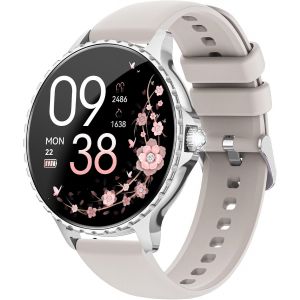 Montre Connect&eacute;e Femme avec Appel, 1.27'' HD Smartwatch avec Fonction F&eacute;minine, 24H Fr&eacute;quence Cardiaque/SpO2/Sommeil, 120+ Modes Sportifs, IP68 Podom&egrave;tre Android iOS Argent (Bracelet Gris) - Neuf