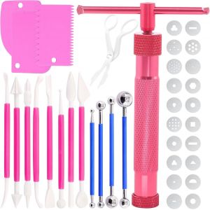 KAL-Lot De 37 Extrudeuses À Pâte À Sucre En Acier Inoxydable Pour Décoration De Gâteau Avec Disques Et Grattoir -Rouge Rose - Neuf