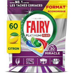 Fairy Platinum Plus Tablettes Lave-Vaisselle Tout-en-1, Miracle 30 Minutes, 60 Tablettes, Nettoyant n&deg;1 Pour Les R&eacute;sidus Alimentaires Tenaces - Neuf