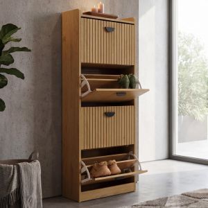 Armoire &agrave; chaussures HWC-O39, meuble &agrave; chaussures, 4 compartiments rabattables, MDF m&eacute;lamin&eacute;, m&eacute;tal, 148 x 50 x 24 cmnaturel - Neuf