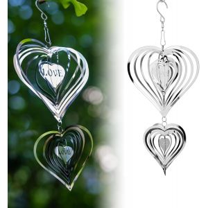 Carillon &eacute;olien en forme de coeur 3D en acier inoxydable argent&eacute; - En forme de coeur - R&eacute;pulsif contre les oiseaux - Pour l'ext&eacute;rieur, l'int&eacute;rieur, le salon, la fen&ecirc;tre, le couloir, la cour - Neuf
