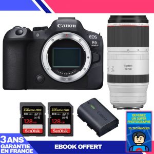 Boitier Canon EOS R6 Mark II + RF 100-500mm f/4.5-7.1 L IS USM + 2 SanDisk 128GB Extreme PRO UHS-II SDXC 300 MB/s + 1 Canon LP-E6NH + Ebook 'Devenez Un Super Photographe - Neuf