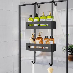 &Eacute;tag&egrave;re de douche &agrave; suspendre, &eacute;tag&egrave;re de rangement &agrave; 2 niveaux &agrave; suspendre, sans per&ccedil;age, bon mat&eacute;riau, organiseur de salle de bain, &eacute;tag&egrave;re de rangement pour shampooing et gel (noir) - Neuf
