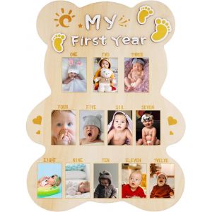 My First Year Cadre Photo En Forme D'ours Découpé, Cadre Photo Bébé Planche Bois Personnalisé 12 Mois Affichage Photo Bébé Cadeau Souvenir 1er Anniversaire Pour Garçon Fille Chambre D'enfant - Neuf