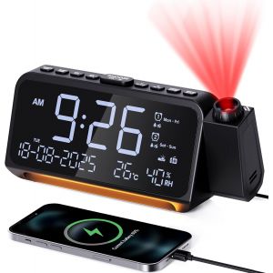 Radio Réveil Projecteur de Plafond avec Projecteur 320°, Mode Jours Ouvrables/Week-End, 2 Alarmes, Chargeur USB de Type C, FM, Variateur d'intensité, Température, Humidité, Snooze, 12/24H - Neuf