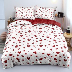 Sjzg-Housse De Couette 220x240 Coeur Rouge Blanc Imprim&eacute; 2 Personnes Parure De Lit Rouge Et Blanche Microfibre Parure Housse Couette Avec Fermeture &Eacute;clair Avec Taie D'oreiller 65x65 Cm - Neuf