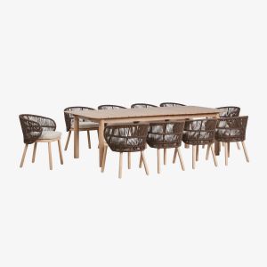 Set de table rectangulaire extensible Duala 250-310x105 cm et 10 chaises de salle &agrave; manger en bois d'acacia et corde tress&eacute;e Cap Marron Chocolat - Neuf