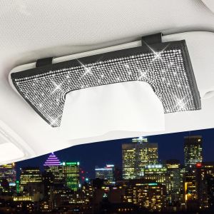 boîte à mouchoirs en cuir PU pour pare-soleil de voiture, porte-serviettes scintillant en cristal, accessoires de voiture pour femmes, diamants noirs et blancs (22,9 x 13 x 2,4 cm) - Neuf