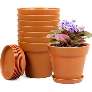 KALANKA-Lot de 8 pots de fleurs avec soucoupe, 10 cm, en plastique, avec plusieurs trous de drainage, pot hydroponique, idéal pour l'intérieur et les jardins de balcon, terre cuite - Neuf