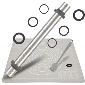 Jexnovashop-Rouleau &Agrave; P&acirc;tisserie Ajustable En Acier Inoxydable Avec 5 Anneaux R&eacute;glables, Tapis De Cuisson Tapis &Agrave; P&acirc;tisserie En Silicone Antid&eacute;rapant, Set De Table, Pour Pizza (Gris, 50x40 Cm) - Neuf