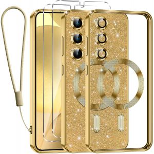 SJZG-Glitter Magn&eacute;tique Pour Samsung Galaxy S24 Plus 5G Con Cordon, [Compatible Avec Magsafe] Antichoc Brillant Paillet&eacute; Souple Couqe Pour Samsung S24 Plus 5G Avec 2 Pi&egrave;ces Verre Tremp&eacute; &Eacute;tui, Or - Neuf