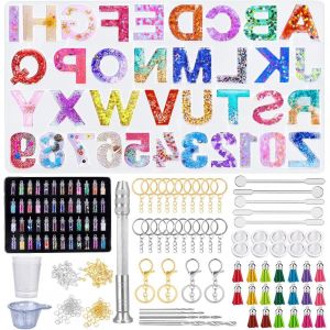 314 Pièces Kit De Moule En Résine De Silicone, Epoxy Alphabet Nombre, Lettre Moules 48 Couleurs Paillette Avec Outils, Pour Bricolage Bijoux, Porte-Clés, Gland Pendentif - Neuf