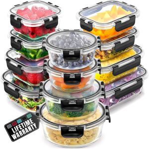 Lot De 12 R&eacute;cipients Alimentaires En Verre Borosilicate Avec Couvercles Herm&eacute;tiques - Passe Au Micro-Ondes,Cong&eacute;lateur Et Four - Sans Bpa - Noir - Neuf