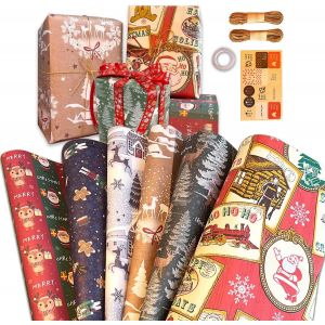 Tianyi-Papier Cadeau De Noël, 6 Feuilles De Papier D'emballage Kraft Recyclable Avec Étiquette Cadeau En Pièces, Décoration De Cadeau, Artisanat De Bricolage, 27,5 X 19,7 Pouces Par Feuille - Neuf