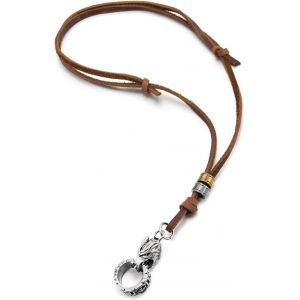 Tianyi-Homme Cordon En Cuir Collier Avec T&ecirc;te De Loup Et Anneau Pendentif - Rustique Animal Bijoux - R&eacute;glable Coton - Neuf