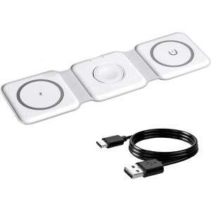 JGD-Chargeur &agrave; Induction sans Fil 3 en 1 Pliable Station De Mag-Safe Station Rapide 15W Compatible Smartphones Qi IPhone 16 15 14 13 12 11 Pro Max Plus SE Watch Ultra 10 9 8 7 SE 2 Et &Eacute;couteurs AirPo - Neuf