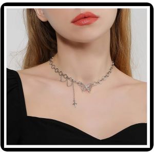 Kal-Papillon Coeur Collier Ras Du Cou Punk Lariat Cercle Collier Cha&icirc;ne Creux &Eacute;toile Amour Coeur Collier Bijoux Pour Femmes Filles (Argent B) - Neuf