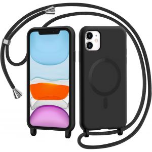 Maa-Coque Magnétique Pour Iphone 11 Avec Cordon, Compatible Avec Magsafe Collier Étui Silicone Liquide Avec Tour De Cou Lanière En Corde Souple Tpu Antichoc Housse, Noir - Neuf