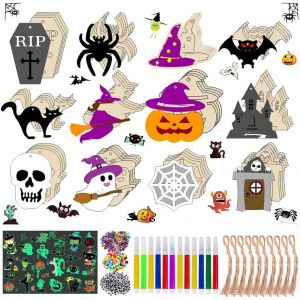 Kit de bricolage pour enfants Pendentif en bois &agrave; peindre D&eacute;coration d'Halloween Bois Artisanat d'Halloween Araign&eacute;e, chauve-souris, fant&ocirc;me, sorci&egrave;re, t&ecirc;te de citrouille, pierre tombale, - Neuf