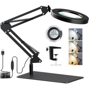 Lampe De Bureau Avec Loupe 8x Et Led, Lampe Loupe Sur Pied 2-En-1 Avec Base Et Pince, 3 Modes De Couleur,10 Niveaux De Luminosité,Lampe Bras Pivotant Réglable Pour Artisanat - Neuf