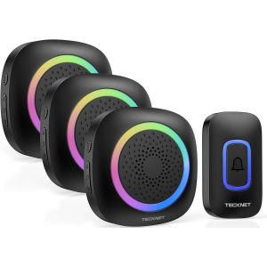 Sonnette sans Fil Exterieur Etanche, 400M IP66 &Eacute;tanche Sonnette sans Fil avec Pile, 3 R&eacute;cepteur avec Lumi&egrave;re RVB, 60 M&eacute;lodies et 5 Niveaux, Carillon sans Fil pour Maison, H&ocirc;tel, Urgence, Noir - Neuf