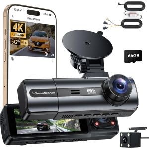 4K Dashcam Voiture Avant Arrière Avec Hardwire Kit,3 Canaux Camera De Bord Avec 24H Mode Parking,Carte Sd 64G,Wifi & Application,G-Capteur,Wdr,Vision Nocturne,Enregistrement En Boucle - Neuf