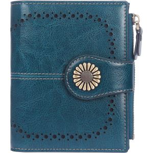 Portefeuille En Cuir Pour Femme Avec Blocage Rfid - Petit Portefeuille Compact &Agrave; Deux Volets Pour Cartes De Cr&eacute;dit - Avec Fen&ecirc;tre Pour Carte D'Identit&eacute; Et Poche Zipp&eacute;e,Bleu,S,Vintage - Neuf