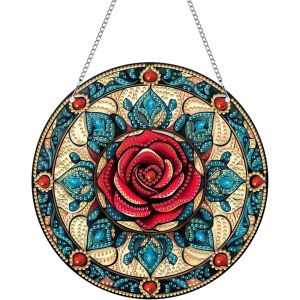 Oayew-Diy Rose Diamond Painting Pendentif, Fleur Pendant Broderie Diamant Kit Avec Cha&icirc;ne, Pour Jardin Maison Porte Et Fen&ecirc;tre D&eacute;coration Cadeaux 20x20 Cm(Rose) - Neuf