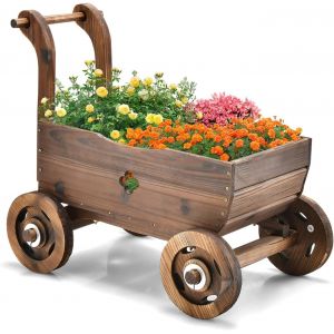 NouvelHorizonstore-Chariot &agrave; Fleurs en Bois avec Roues et poign&eacute;e, Chariot de Plantation avec Trou de Drainage, Diable Rustique, pour Jardin, terrasse, Pot de Fleurs, brouette, d&eacute;coration de Jardin, - Neuf