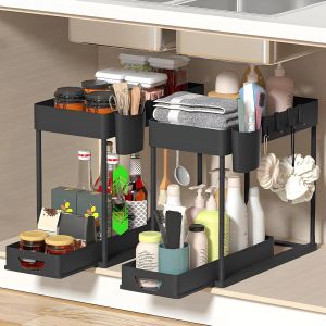 CHAAS-Lot de 2 Rangement sous &Eacute;vier Cuisine - &Eacute;tag&egrave;re sous &Eacute;vier - design avec tiroirs - 10 crochets inclus - id&eacute;al pour la salle de bain et la cuisine - couleur noire - Neuf