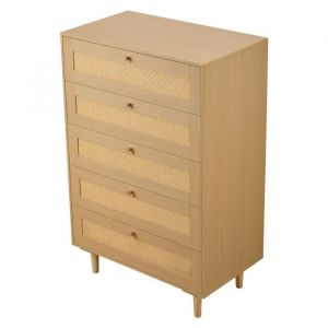 Commode en Rotin avec 5 Tiroirs-Duoku-Meuble de Rangement Dot&eacute; de Poign&eacute;es M&eacute;talliques et Pieds en Bois-Organisateur pour V&ecirc;tements - Neuf
