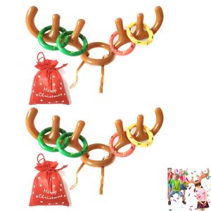 Jeu De Lancer D'anneaux Gonflables En Forme De Bois De Renne Pour Une F&ecirc;te De No&euml;l - 14 Pi&egrave;ces Avec Pompe Et Anneaux - Neuf