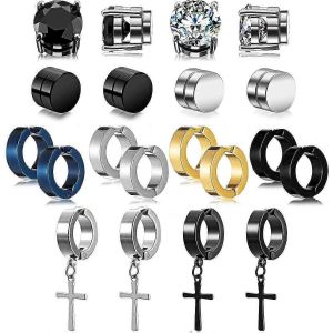 10 Paires De Boucles D'oreilles Magnétiques Pour Homme,Boucles D'oreilles Magnétiques En Acier Inoxydable,Boucles D'oreilles Créoles Croix Non Perçantes - Neuf